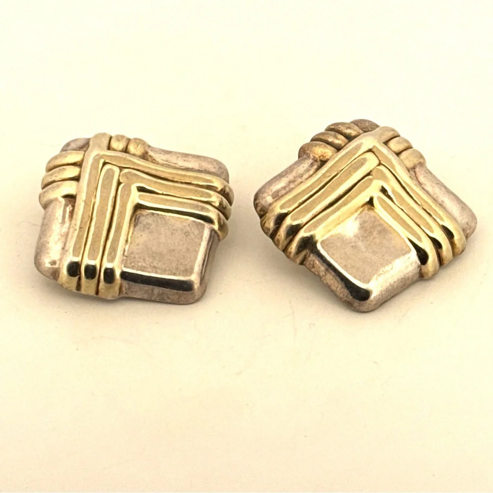 Vintage 925 Sterling Silver very large Puffy Square 2 tone clipon Earrings 18.5g